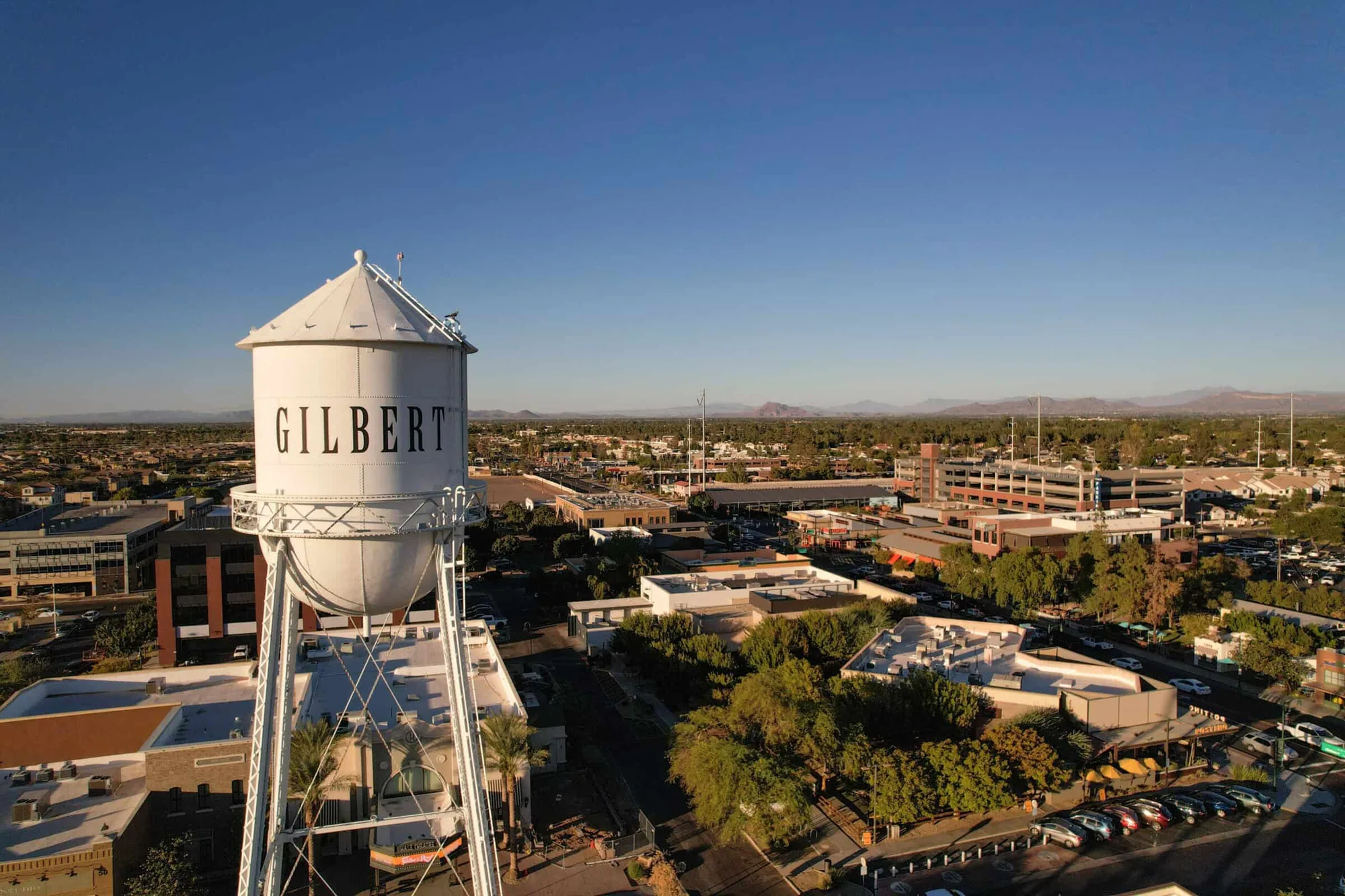 Gilbert water tower and downtown rooftops